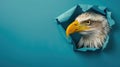 A humorous eagle peers through a ripped hole in a contrast pastel color paper background, Ai Generated Royalty Free Stock Photo