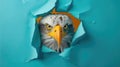 A humorous eagle peers through a ripped hole in a contrast pastel color paper background, Ai Generated Royalty Free Stock Photo