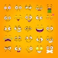 Humorous emoji set. Emoticon face collection. Funny cartoon comic faces on yellow background. Royalty Free Stock Photo