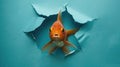 A humorous goldfish peers through a ripped hole in a contrast pastel color paper background, Ai Generated