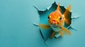 A humorous goldfish peers through a ripped hole in a contrast pastel color paper background, Ai Generated