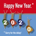 Humorous greeting card for the year 2020 with the concept of the snail race to symbolize latecomers