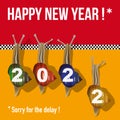 Humorous greeting card for the year 2022 with the concept of the snail race to symbolize latecomers.