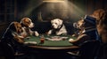 Humorous illiustration of dogs playing poker around a circular table