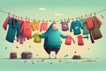 humorous illustration of clotheslines with colorful and unexpected clothing items