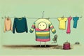 humorous illustration of clotheslines with colorful and unexpected clothing items