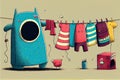 humorous illustration of clotheslines with colorful and unexpected clothing items