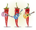 Humorous image of three Mexican chilli playing the guitar