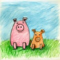 Humorous Kids Drawing: Two Pigs In The Grass