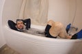 Humorous man snorkeling in the bathtub Royalty Free Stock Photo