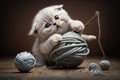 humorous photo of kitten trying to unravel ball of thread, with its claws getting tangled