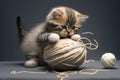 humorous photo of kitten trying to unravel ball of thread, with its claws getting tangled