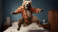 Humorous Photorealistic Portrait: Bear Jumping On Bed Sheets