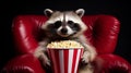 Humorous portrait of a raccoon sitting comfortably in a red leather armchair in the cinema, holding a striped popcorn Royalty Free Stock Photo