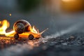 A humorous portrayal of a snail racing on toy wheels with a fiery effect Royalty Free Stock Photo