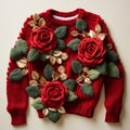 Humorous And Quirky Charm: Handcrafted Red Sweater With Exaggerated Leaves And Roses