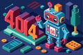 A humorous robot stands next to a large error sign, set in a vibrant and colorful digital environment, Oops! 404 error with a Royalty Free Stock Photo