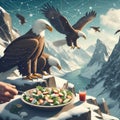 A humorous scene of eagles seated at the top of a snowed mountain, eating green and caesar salads