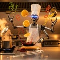 A humorous kitchen scene featuring a chef robot in an apron and top hat, completely terrified and clumsy. Royalty Free Stock Photo