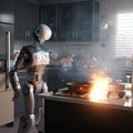 Robot attempts to cook in the kitchen