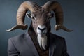 Goat with Large Horns Wearing a Suit and Tie. Generative AI