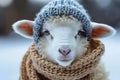 Humorous winter touch Cute sheep dons knitted scarf and beanie