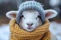 Humorous winter touch Cute sheep dons knitted scarf and beanie