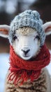 Humorous winter touch Cute sheep dons knitted scarf and beanie