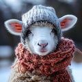 Humorous winter touch Cute sheep dons knitted scarf and beanie