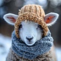 Humorous winter touch Cute sheep dons knitted scarf and beanie