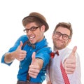 Humour, business men with thumbs up for success