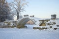 Humpback bridge in the January twilight. Gatchina, Leningrad region Royalty Free Stock Photo