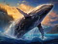 Humpback whale breaches on calm crystal blue waters