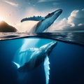 Humpback whale breaches the surface of the deep blue ocean Royalty Free Stock Photo