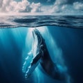 Humpback whale breaches the surface of the deep blue ocean Royalty Free Stock Photo