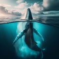 Humpback whale breaches the surface of the deep blue ocean Royalty Free Stock Photo