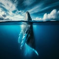 Humpback whale breaches the surface of the deep blue ocean Royalty Free Stock Photo