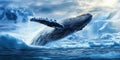 Humpback whale breaching in icy waters surrounded by glaciers and dramatic sky Royalty Free Stock Photo