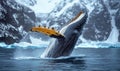 Humpback whale breaching in icy waters surrounded by snow-capped mountains Royalty Free Stock Photo