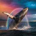 Humpback whale breaching with vibrant rainbow