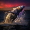 Humpback whale breaching with vibrant rainbow