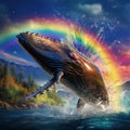 Humpback whale breaching with vibrant rainbow