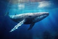 Humpback whale in the deep blue ocean. Underwater scene, Humpback whale swimming in deep blue ocean. Underwater photography, AI Royalty Free Stock Photo