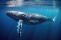 Humpback whale in deep blue ocean. Wildlife scene from underwater. A Baby Humpback Whale Plays Near the Surface in Blue Water, AI