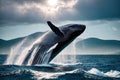 A humpback whale jumping out of the water, with its tail and flippers in the air. Royalty Free Stock Photo