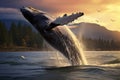 Humpback whale jumping out of the water at sunset, Alaska, Humpback whale jumping out of the water, AI Generated Royalty Free Stock Photo