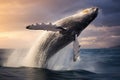 Humpback whale jumps out of the ocean at sunset. 3d illustration, Humpback whale jumping out of the water, AI Generated