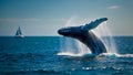 Majestic Humpback Whale Breaching in Ocean with Sailboat in Background Royalty Free Stock Photo