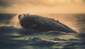 Humpback whale splashing in blue sea, idyllic sunset adventure generated by AI