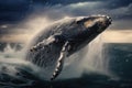 Humpback whale splashing in the ocean at sunset, Iceland, Humpback whale jumping out of the water, AI Generated Royalty Free Stock Photo